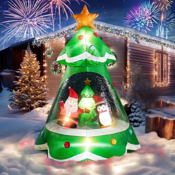 ⭐7FT Inflatable Tree Santa and Penguin PVC LED Lights For Christmas Decorations - Picture 1 of 7